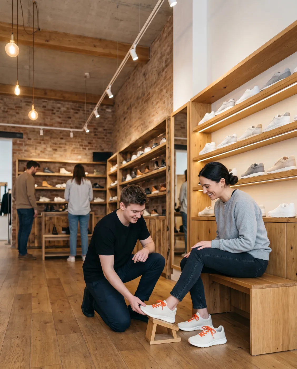 A customer trying on sneakers in a store