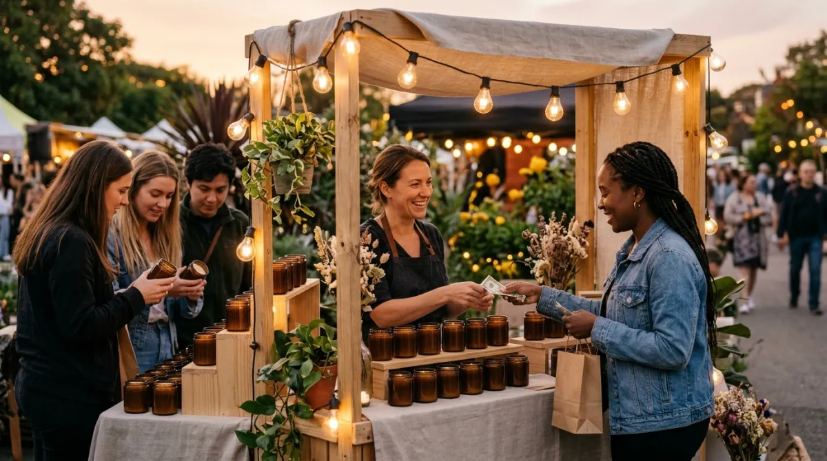 Customers at a candle stall at a market