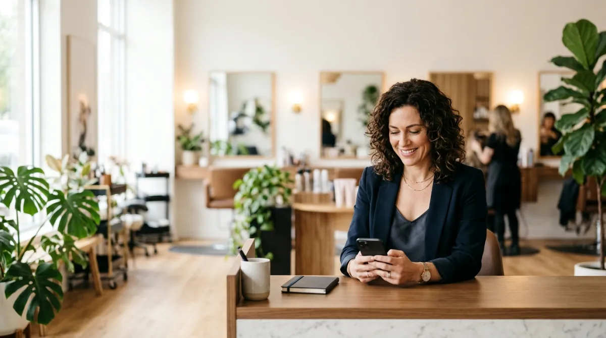 A salon owner replying to clients on her phone