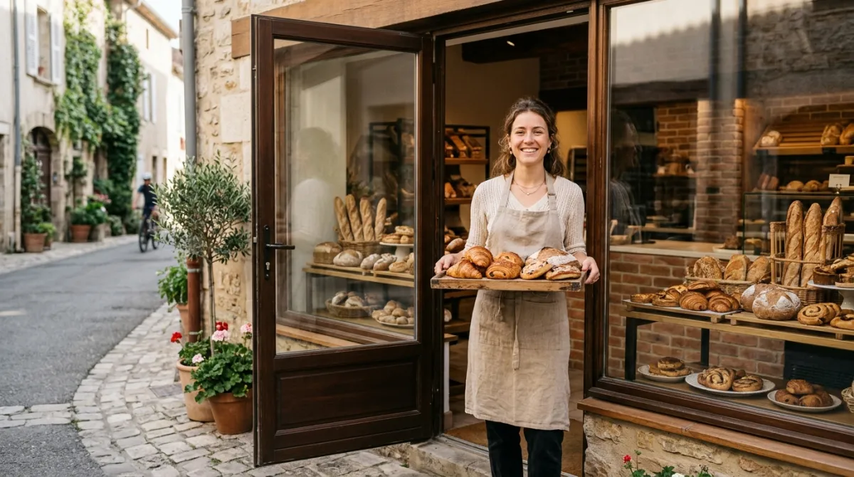 A bakery owner at the door of her shop