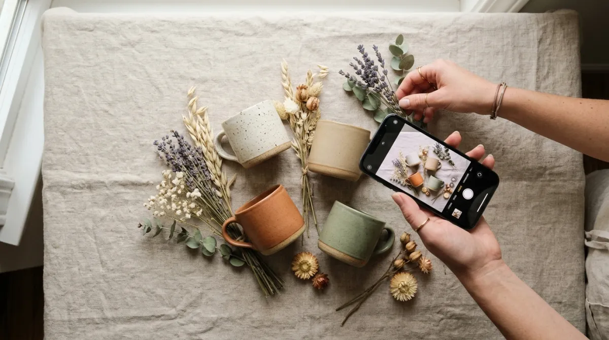 Hands arranging ceramic mugs for a phone photo shoot
