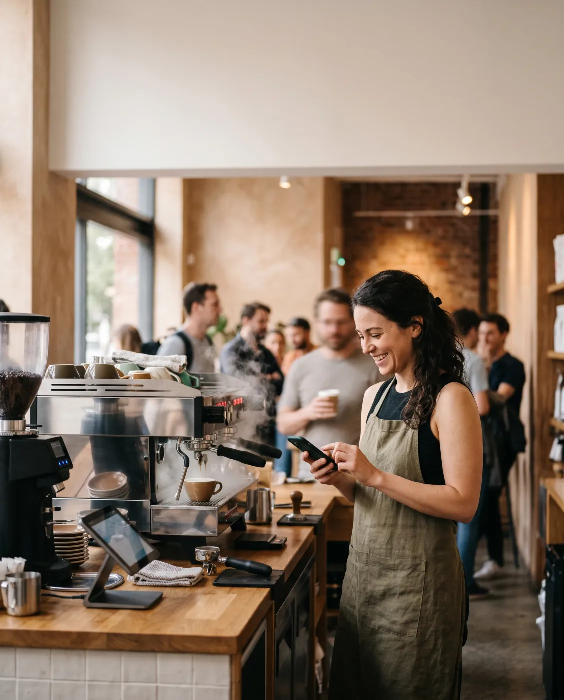 A coffee shop owner behind the counter looking at her phone