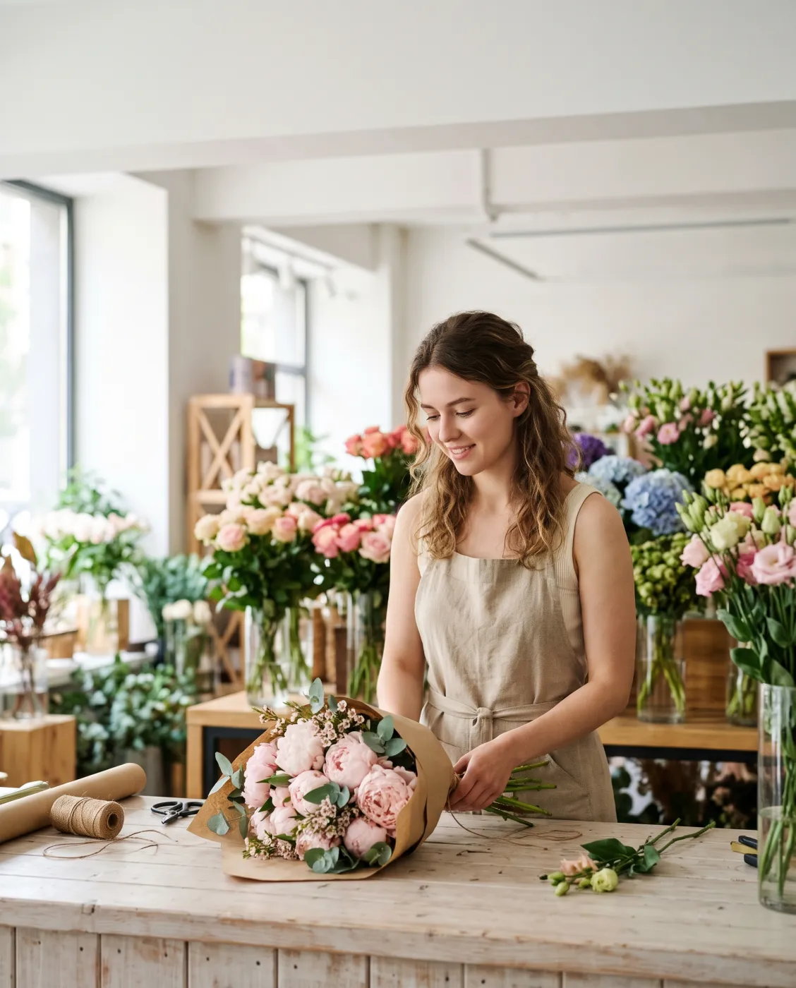A florist wrapping a peony bouquet in a flower shop